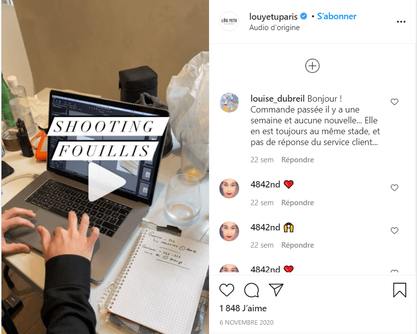 Idée de contenus pour animer vos réseaux sociaux : exemple de Louyetu qui a posté une vidéo d'un shooting photo de leurs produits